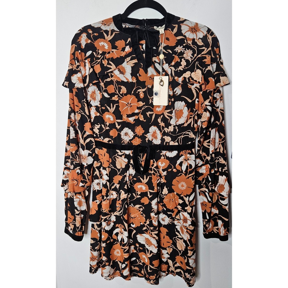 For Love & Lemons Floret Floral Mini Dress Black Orange Velvet Trim Ruffle M NWT